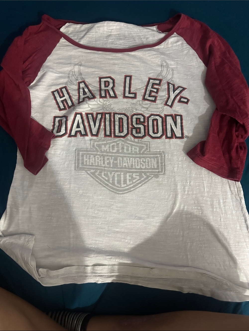 Harley-Davidson White Tee with Burgundy Raglan Sleeves